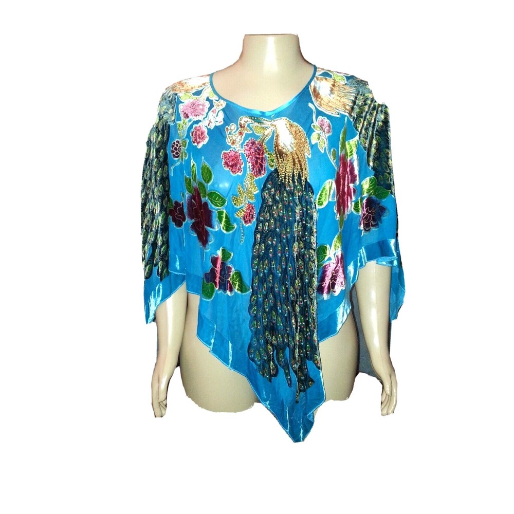 Lane Bryant Blue Peacock Floral Beaded Poncho One Size 14/20 EUC